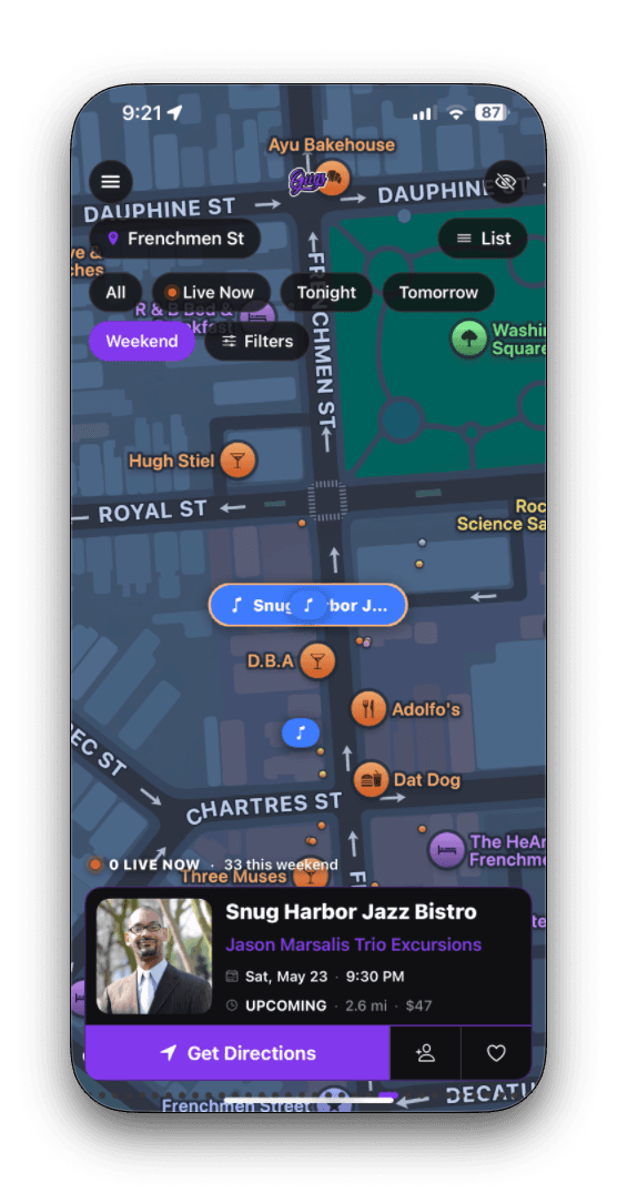 Giigs live map showing gigs on Frenchmen Street in New Orleans