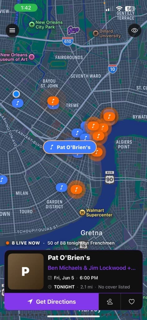 Giigs live map showing Pat O'Brien's and gigs on Frenchmen Street